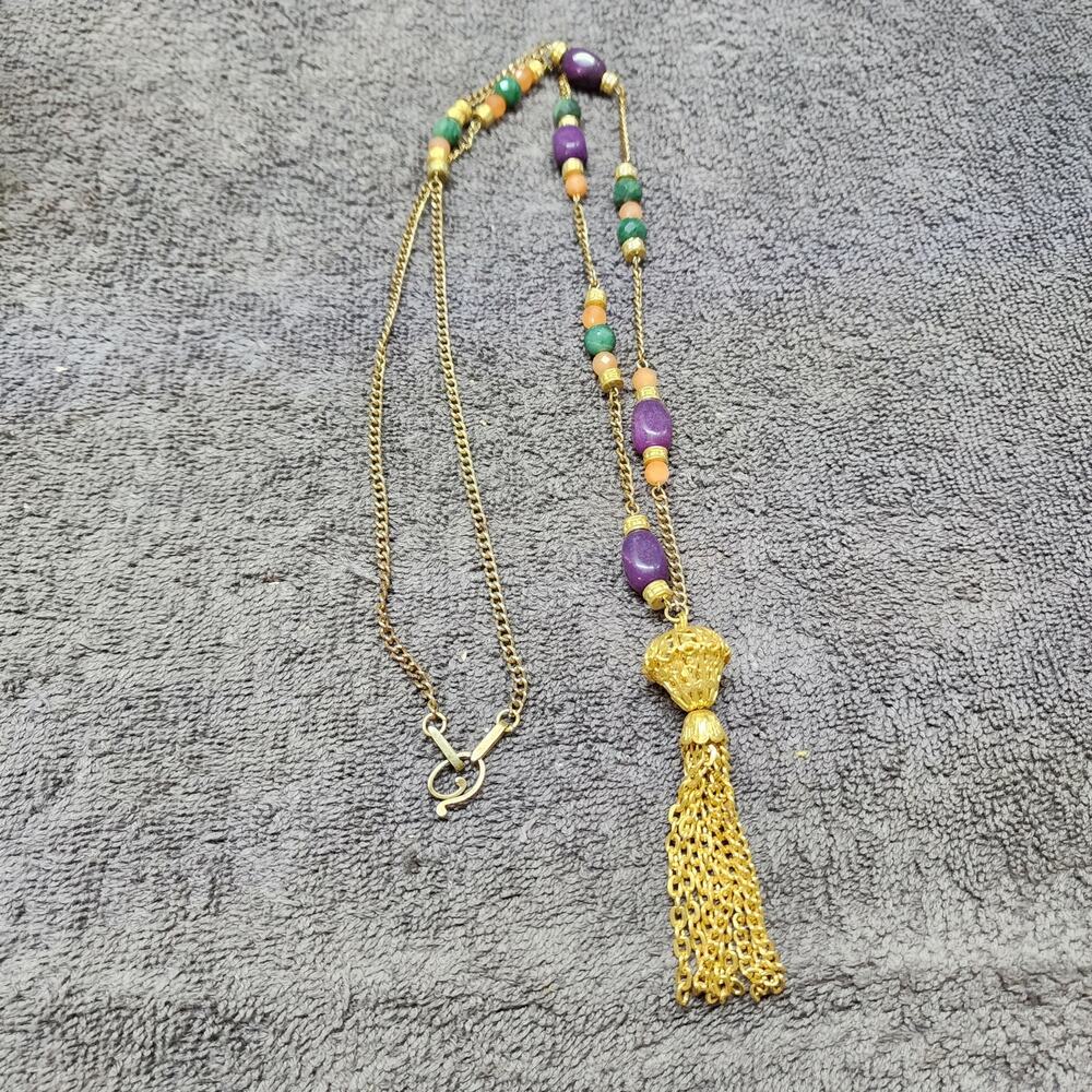 Long necklace with green and yellow beads with tassel b34